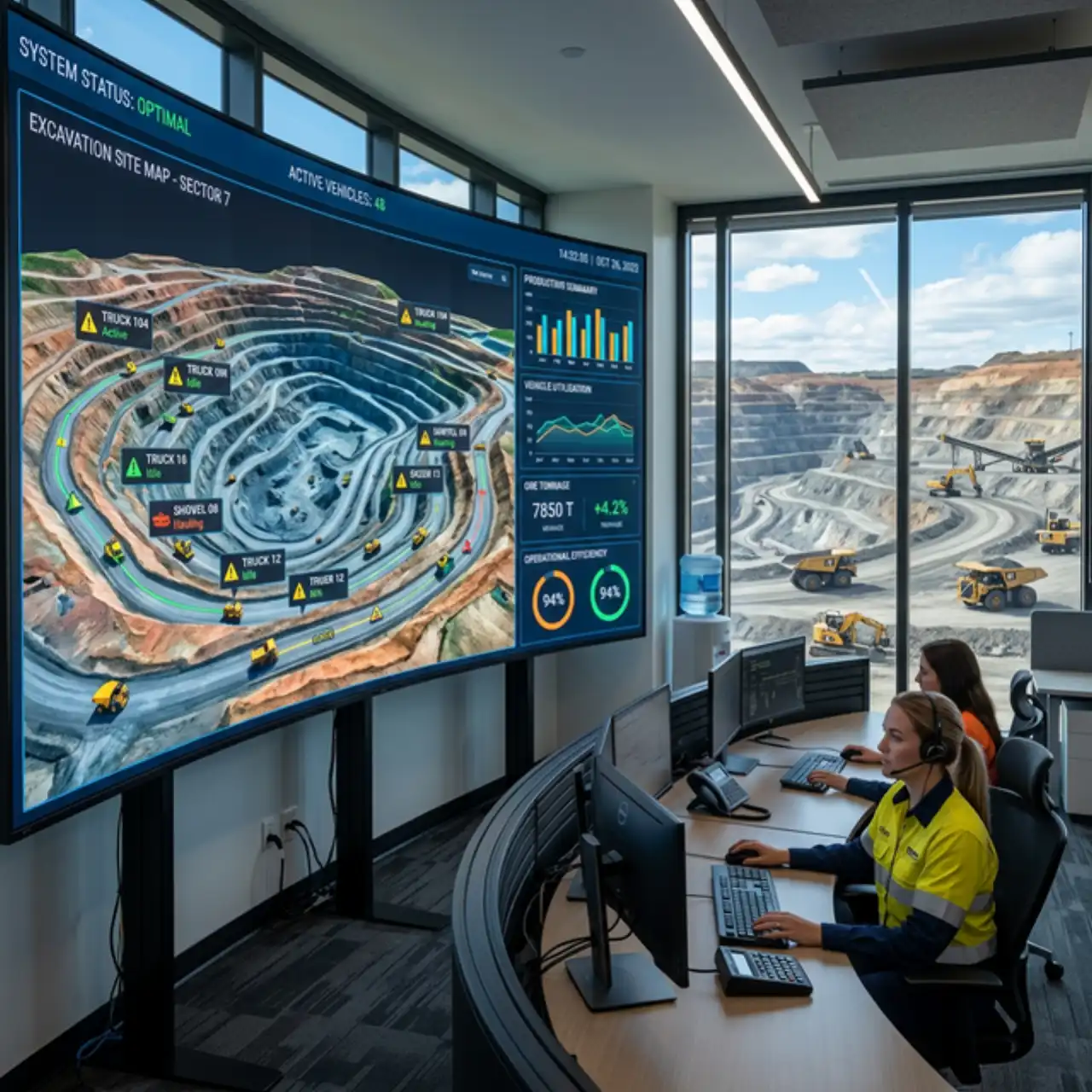 Dashboard futuristic command center untuk manajemen industri pertambangan