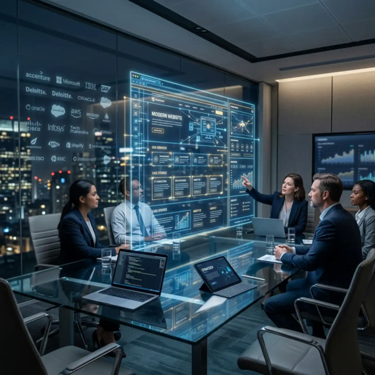 Blueprint digital website korporat bersinar di atas meja kaca pertemuan modern